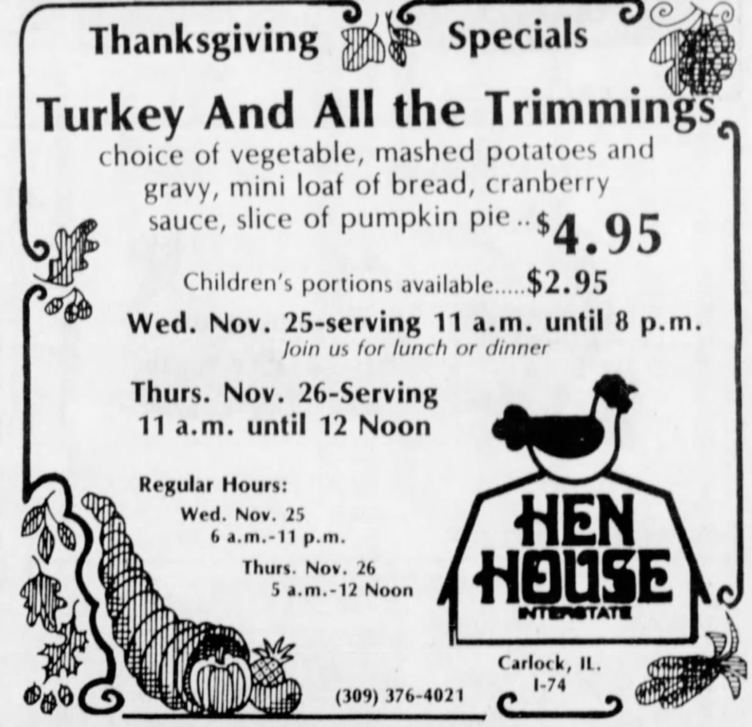 Thanksgiving specials at Hen House